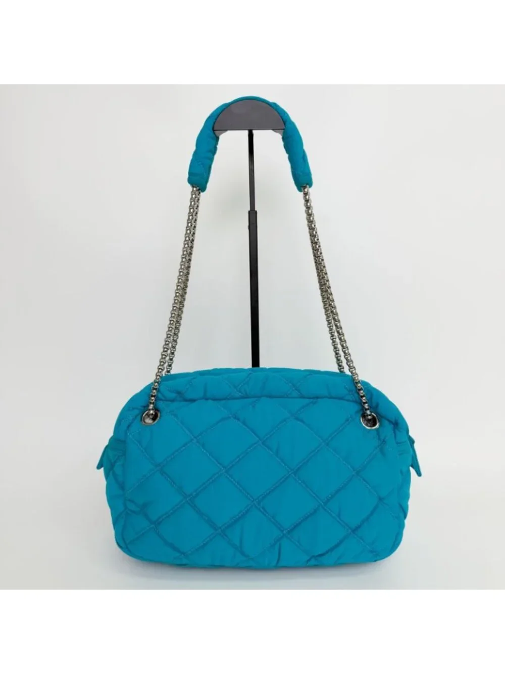Chanel Bubble Quilt Chain Shoulder Bag Cotton Turquoise Blue Silver Seal Vintage